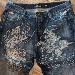 Ed Hardy Blue Relaxed Jeans with Intricate Dragon Embroidery